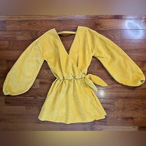 ASOS Denim Mustard Corduroy Wrap Mini Dress Balloon Sleeve Women’s UK 10 US 6